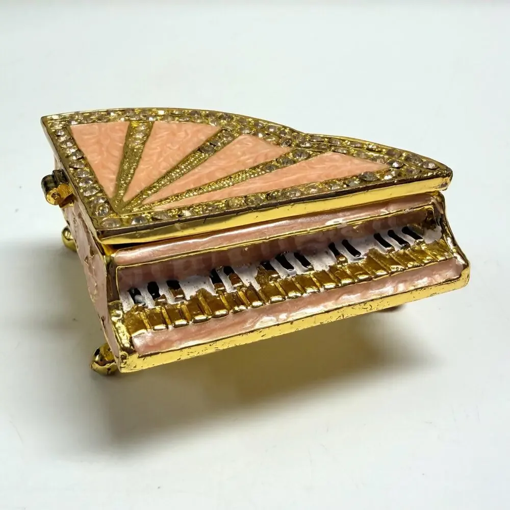 Vintage Grand Piano Metal Enameled Faux Crystal Trinket Box